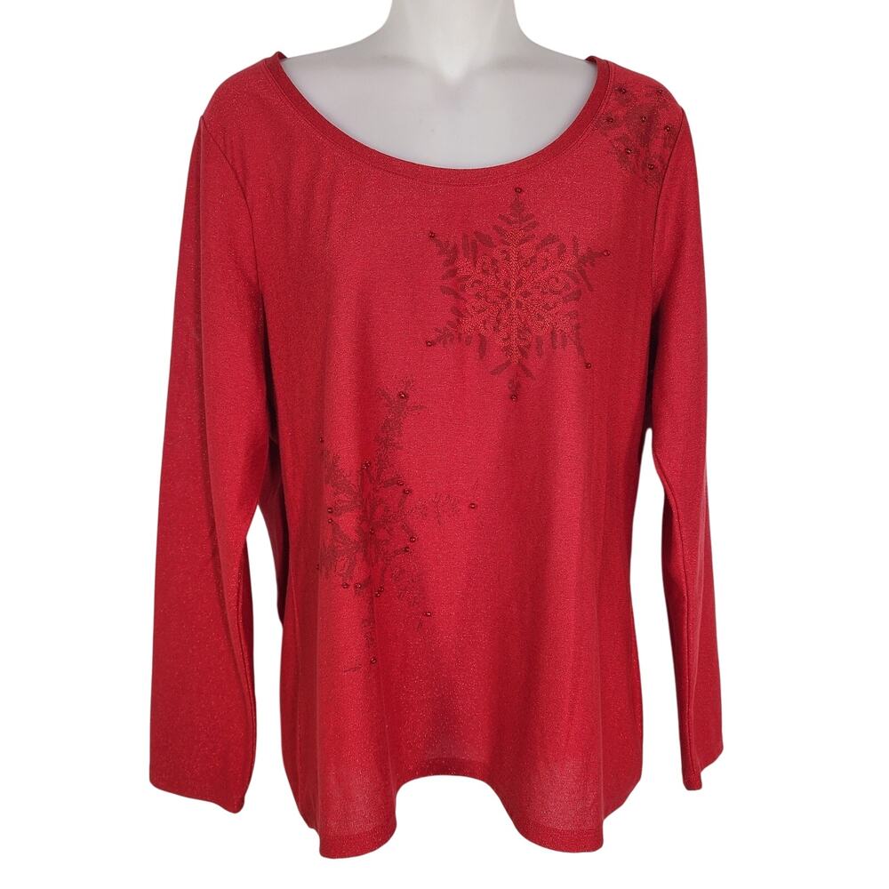 Coldwater Creek Tee Women Size Large Red Metallic Beaded Glittery Snowflake Knit